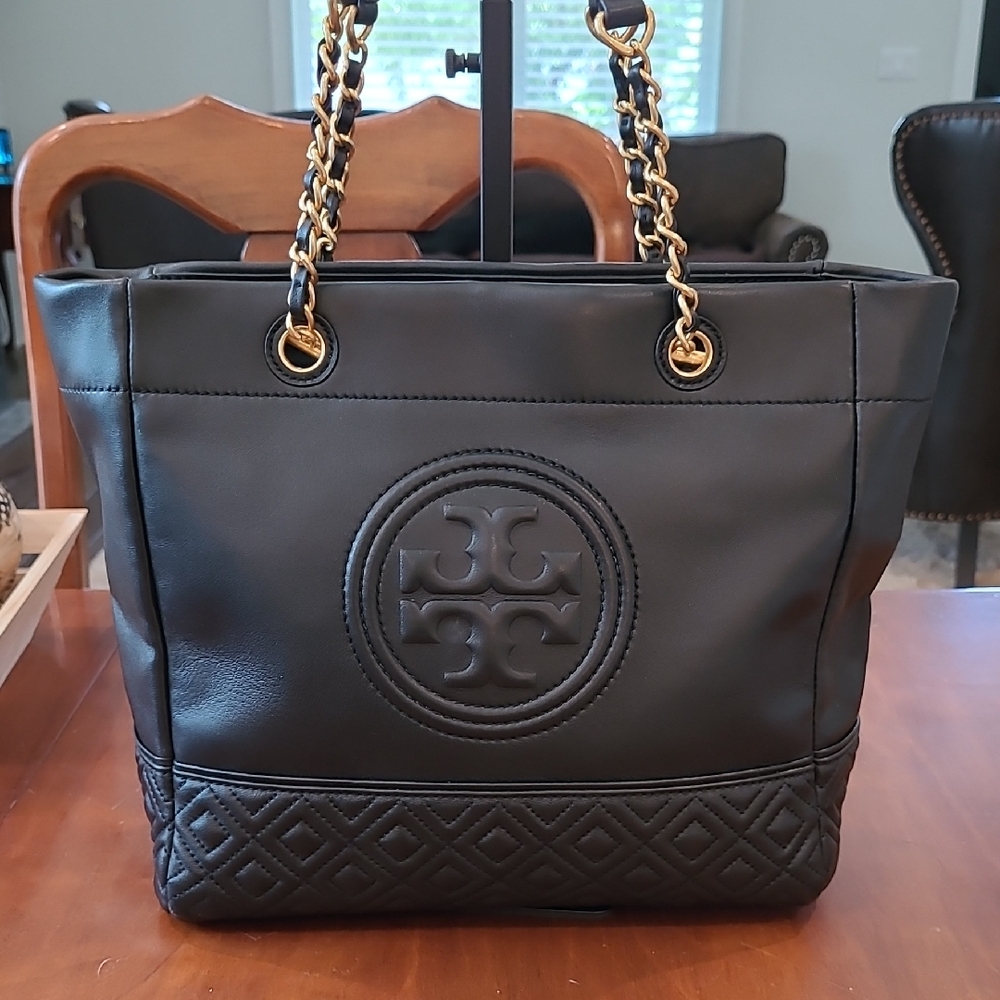 Tory Burch Black Quilted Tote with Gold Chain
